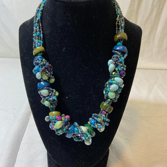 Multi strand BoHo seed bead and multi stones necklace - Picture 1 of 3
